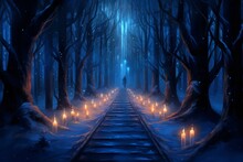 Majestic Winter Forest Path Illuminated By Blue Candlelight. Generative AI