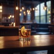 © 2D_Jungle - Illustration of a glass of alcohol on a table in a bar against the backdrop of a group of people drinking .Generative AI