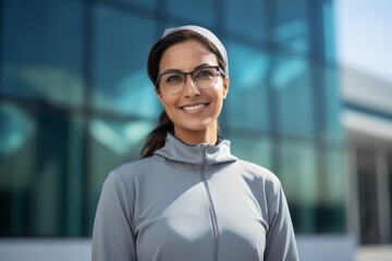 Wall Mural - Medium shot portrait of a Saudi Arabian woman in her 40s in a modern architectural background wearing a sporty polo shirt