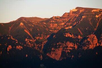 Wall Mural - Scenic view over Bucegi Mountains (Muntii Bucegi) in Romania in a sunny sunset summer day, Romania, Europe