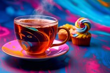A cup of tea with dessert on a vivid background. Generative AI