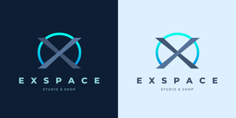 Futuristic modern tech logo with letter X and blue arc. Corporate sign template.