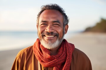 Portrait of a Indonesian man in his 50s in a beach background wearing a charming scarf