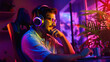 © tong2530 - joyful man gamer wear headphone competition play video game online with smartphone colorful neon light in living room at night modern house. Generative Ai