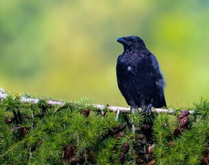 Sticker - Closeup shot of a black crow on a branch with blurry background