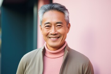 Wall Mural - Portrait of a Chinese man in his 50s in a pastel or soft colors background wearing a chic cardigan