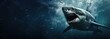 Great white shark swimming underwater, copy space. Created using generative AI technology.