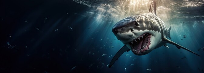 Great white shark swimming underwater, copy space. Created using generative AI technology.