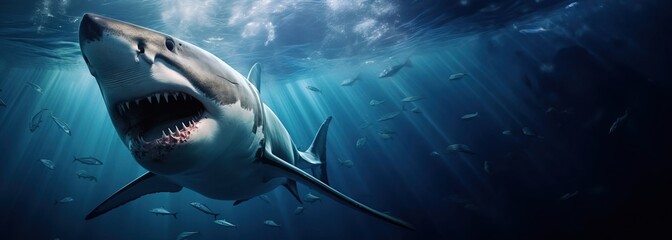 Great white shark swimming underwater, copy space. Created using generative AI technology.