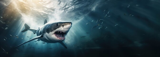 Great white shark swimming underwater, copy space. Created using generative AI technology.