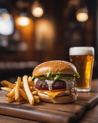 Cheeseburger with fries and beer on a wooden stand