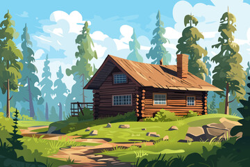 Wall Mural - Beautiful landscape of a wooden house in the forest. Log house in the wild forest. Hunter's house. The concept of ecological housing, travel and nature. Vector illustration for print.