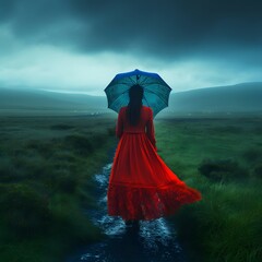 A young Irish woman in red walks through green endless fields and valleys on a rainy day. AI  realistic concept.