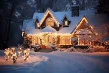 House Decorated With Garland Lights For The Holidays. Merry Christmas And Happy New Year Concept.
