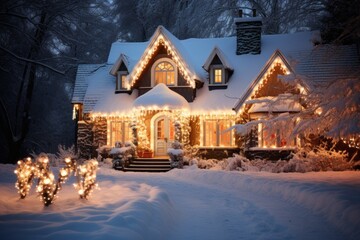 House decorated with garland lights for the holidays. Merry christmas and happy new year concept.