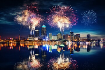 Wall Mural - Fireworks over the city. Merry christmas and happy new year concept