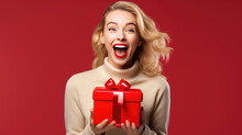 Happy Smiling Woman Holding Gift Box Over Red Background