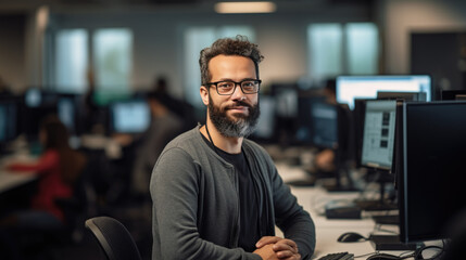 Cheerful programmer man wearing eyeglasses working with computers in office.