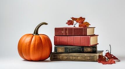 Wall Mural - Autumn thematic reading. Books and pumpkins set in autumn garden with the rays of the sun. created with Generative AI technology.