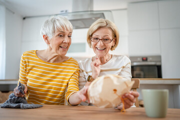 Wall Mural - two women senior mature knitting and embroidery during leisure time