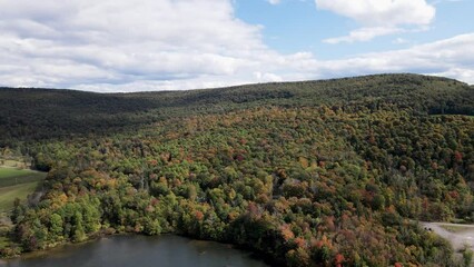 Canvas Print - Aerial of a calm lake surrounded by hills covered in dense green forests during the daytime