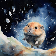 A Watercolor Of A Lemming On A Space Background