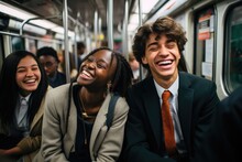 Young Diverse And Mixed Group Of Students Smiling And Laughing While Going To School On A Subway In New York