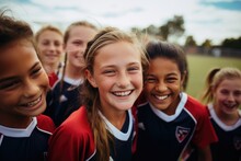 Diverse And Mixed Group Of Young Female Soccer Players Smiling And Posing For A Team Photo On The Soccer Field