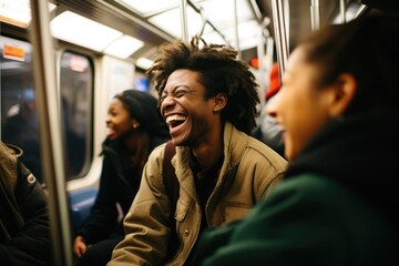 Young diverse and mixed group of students smiling and laughing while going to school on a subway in New York