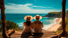 Couple With Straw Hats Chilling Enjoying Beautiful Views Over The Ocean