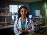 ciemnoskóra kobieta lekarz stoi z założonymi rękami z stetoskopem założonym na szyi na tle gabinetu lekarskiego.