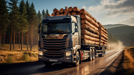 a trailer truck carrying wooden logs