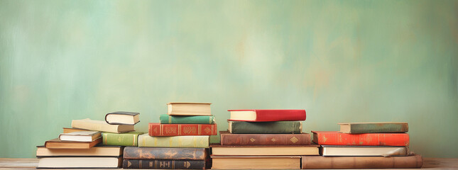 Pile of old books on green wall background. 3d illustration. Books and apples on a wooden background. Back to school concept.