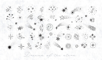 Wall Mural - Collection of doodle star clasters and constellations on old paper background. Vector sketch illustration.