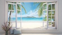  A Window With A View Of A Beach And Palm Trees.  Generative Ai