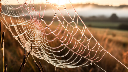 A dew-covered spiderweb shimmers in the morning sun.