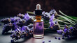 Generative AI, bottle with serum for facial skin among purple flowers of lilac and lavender, perfume, eau de toilette, cosmetics, beauty salon, glass jar, anti-aging, moisturizing, fragrance