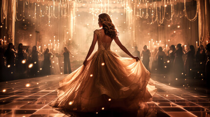 Wall Mural - A woman dances gracefully in a glittering golden ballgown beneath the stars.