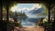 © Olga - a painting of two chairs sitting on a porch overlooking a lake.  generative ai