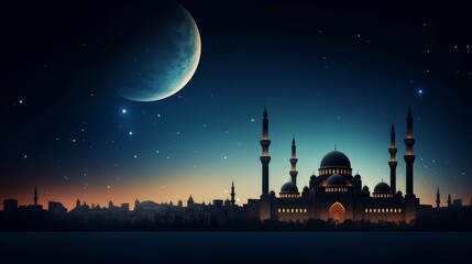 Mosques Dome on dark blue twilight sky and Crescent Moon on background, symbol islamic religion Ramadan and free space for text arabic, Eid al-Adha, Eid al-fitr, Mubarak, Islamic new year Muharram