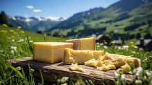 Farm Cheese On The Background Of An Alpine Meadow
