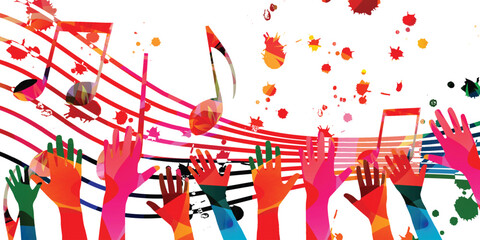 Music background with colorful musical notes staff and hands vector illustration design. Artistic music festival poster, live concert events, party flyer, music notes signs and symbols	