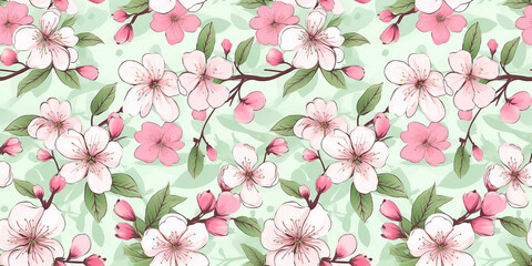  Seamless pattern, green leaves with cherry blossoms in ballet slipper pink tones. Concept: Twirling florals and foliage