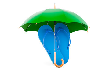 Wall Mural - Blue flip-flops under umbrella, 3D rendering