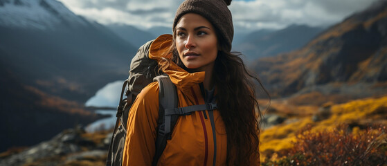 Wall Mural - editorial heroine shot of a woman of color hiking in an alpine mountain landscape 