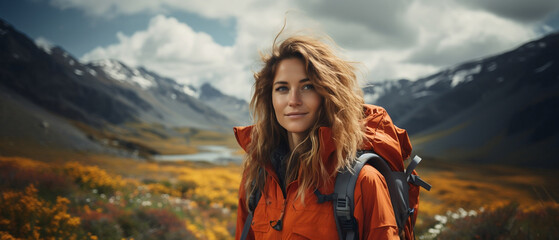 Wall Mural - editorial heroine shot of a blonde white woman hiking in an alpine mountain landscape 