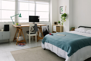 Teenager bedchamber. Bright cozy adolescent bedroom with bed and desk workplace