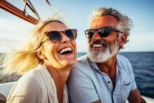 Affectionate Senior Couple On A Boat Trip At Sunset. Insurance And Retirement Pension Plan Concept. High Quality Photo