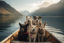 A Pack Of Dogs Sit In A Rowing Boat Out On A Lake With Mountain Views