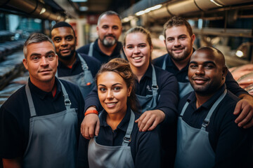 Advertising portrait shot of a fishmarket staff team standing together in a fishmarket and they look at the camera. Generative Ai